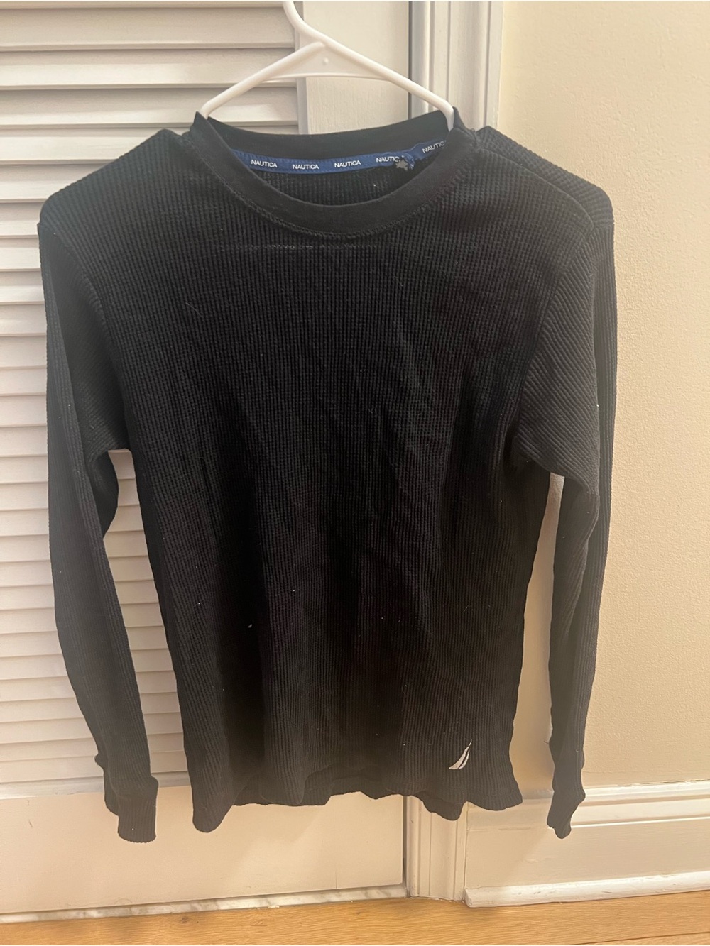 Nautica Black Waffle-Knit Long Sleeve Crew Shirt